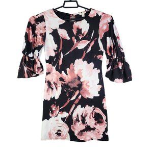 Women's Cato Floral Bell Sleeve Dress Black & Pink Floral Pattern Size XS